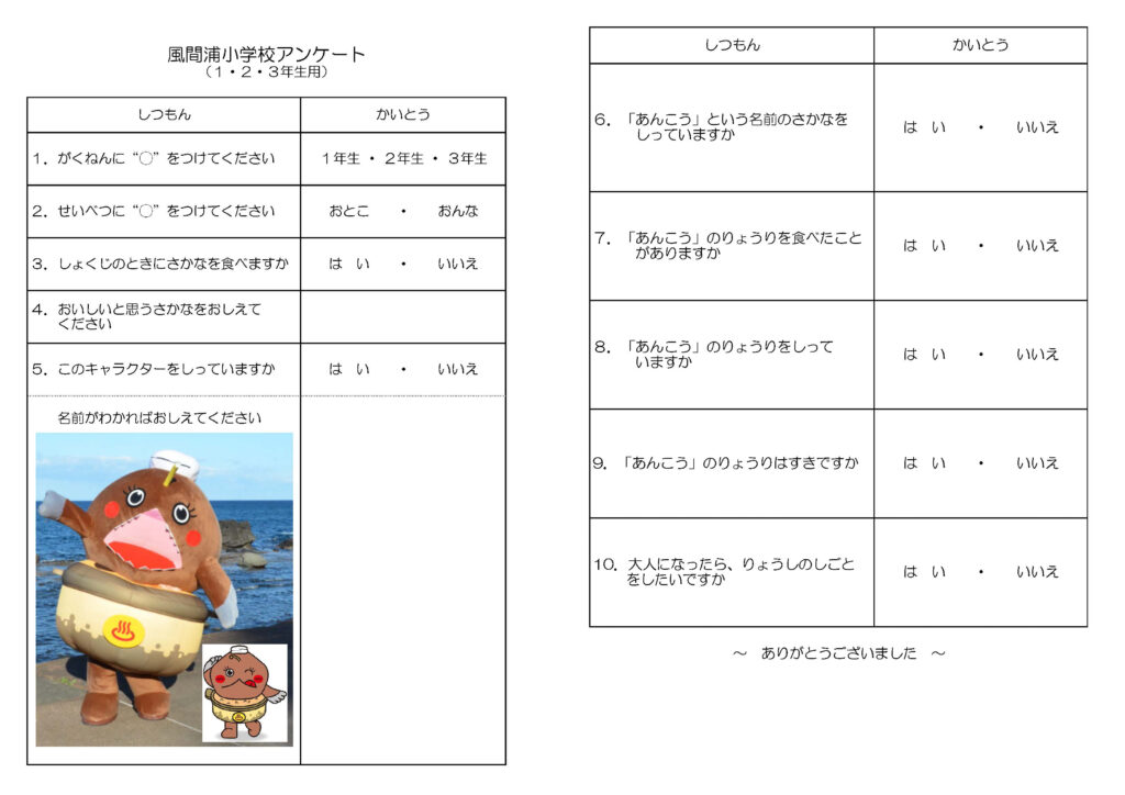 風間浦小学校１・２・３年生用アンケート用紙